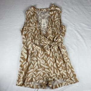 A New Day Mini Jumpsuit Womens XL Beige White Leaf Print Linen Faux Wrap V Neck